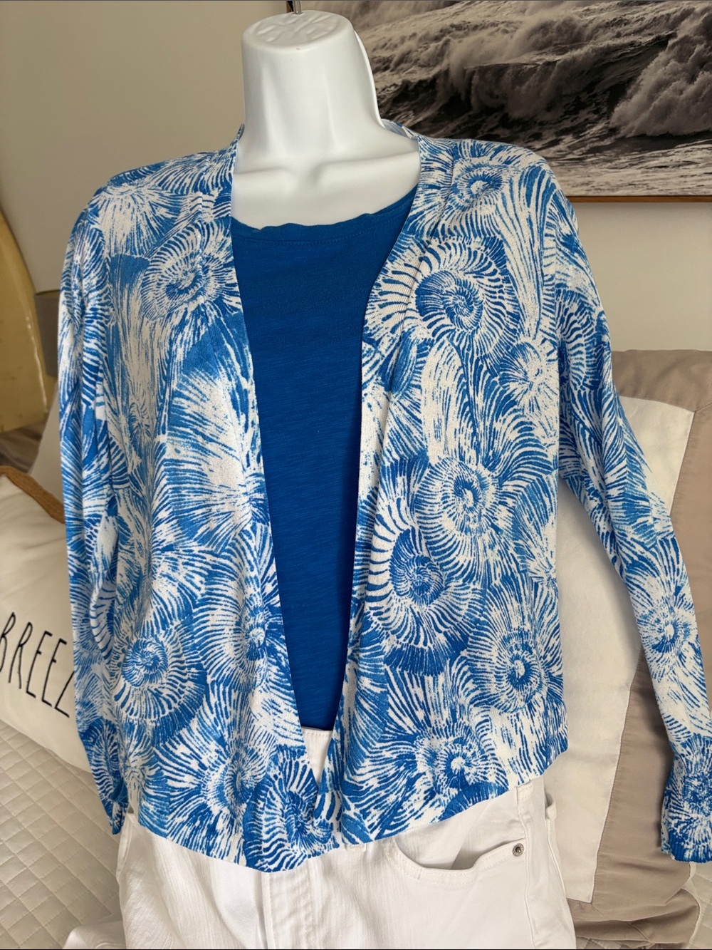 Chico's Blue and White Shell print Open Printed Cardigan